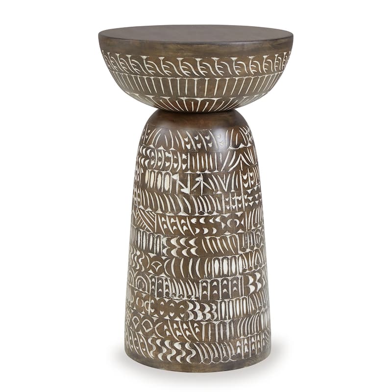 Accent Table, Faux Wood Classical Tribal Carved Design, Brown 14 Inch