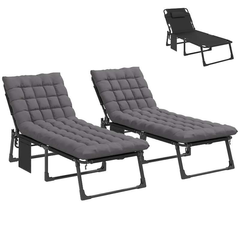 Outsunny Chaise Lounge Chair Outdoor Set of 2, 5-Position Reclining Pool Lounge Chairs with Cushions, Side Pocket