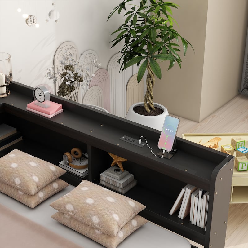 L-shaped Bookcases Bed with Power Outlets, USB Charging Ports,Two Drawers - Espresso