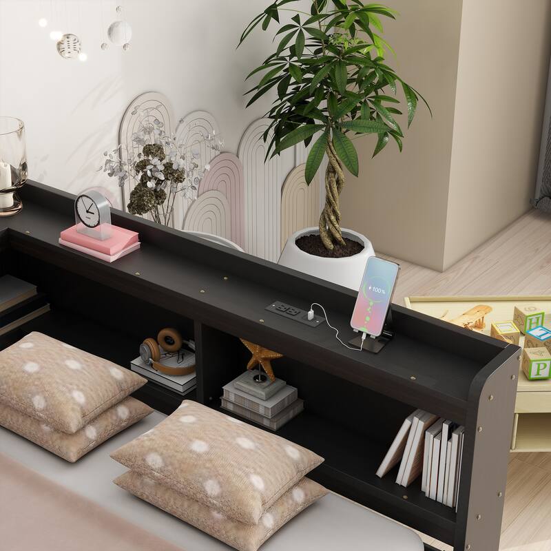 Wooden Platform Sofa Bed Frame with L Shaped Bookcase and Charging Station, Living Room Corner Daybed with 2 Storage Drawers