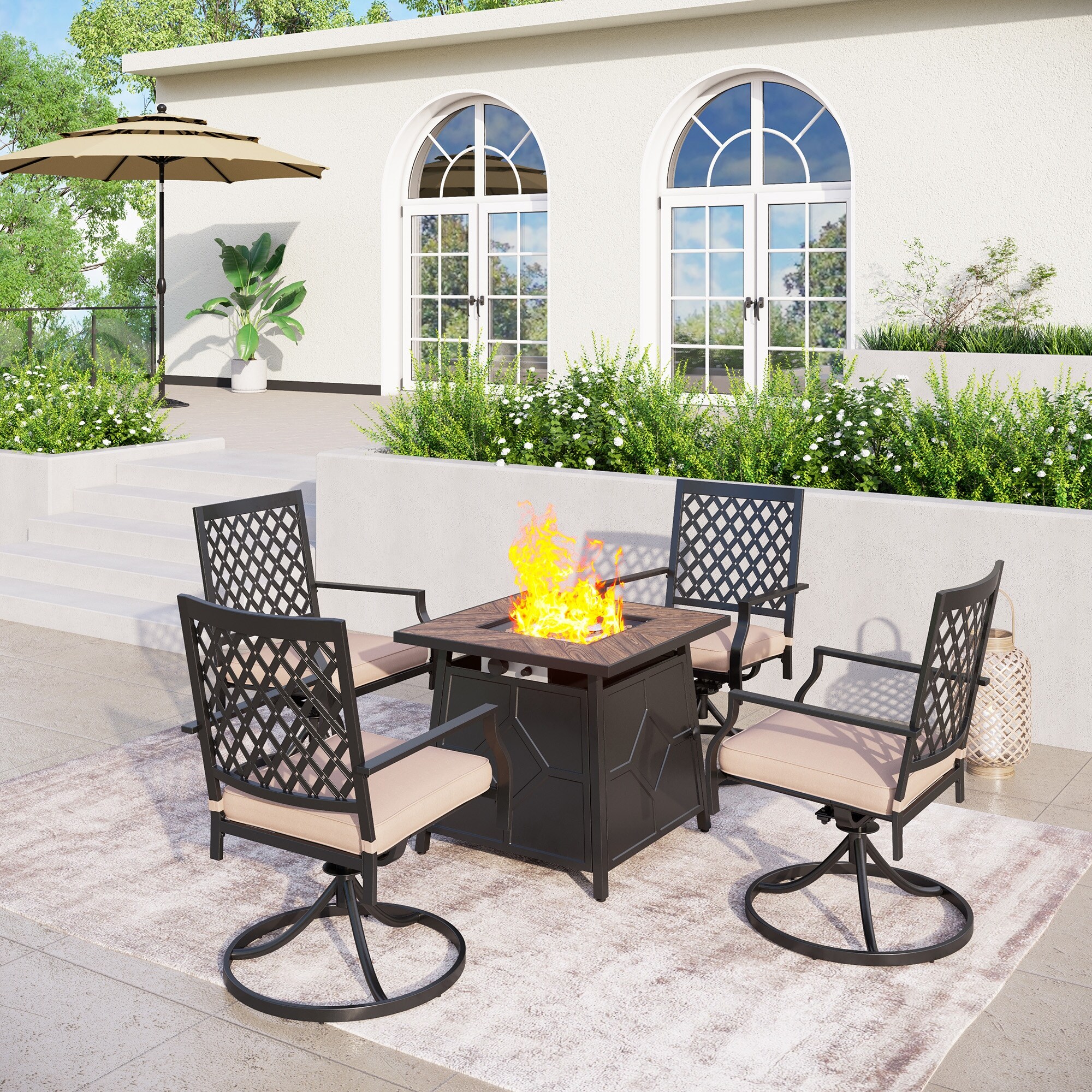5-Piece Gas Fire Pit Table Set 28"" Square TerraFab Fire Pit Table & 4 Steel Swivel Chairs -  Cocam, TC5-008-049