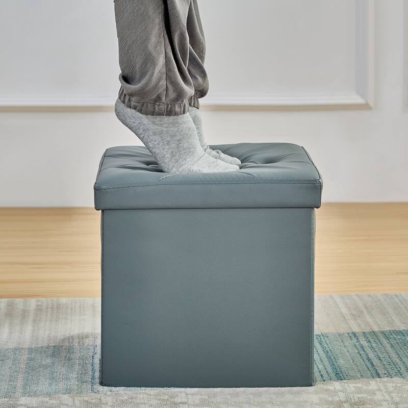 2 PC Storage Folding Ottoman, Storage Footrest Stool, Faux Leather Storage Bench Cube with Padded Seat for Small Space