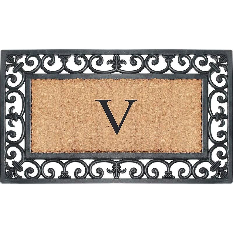 A1HC Rubber and Coir Paisley Border Monogrammed Outdoor Doormat Black, 18"X30" - V