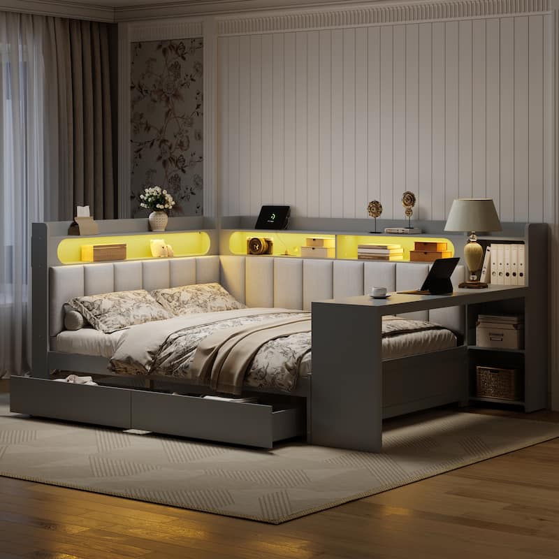 Full Daybed with Storage Shelves Built-in Charging Station LED Light, L-shape Upholstered Sofa Bed with 2 Drawers, Cabinet, Desk