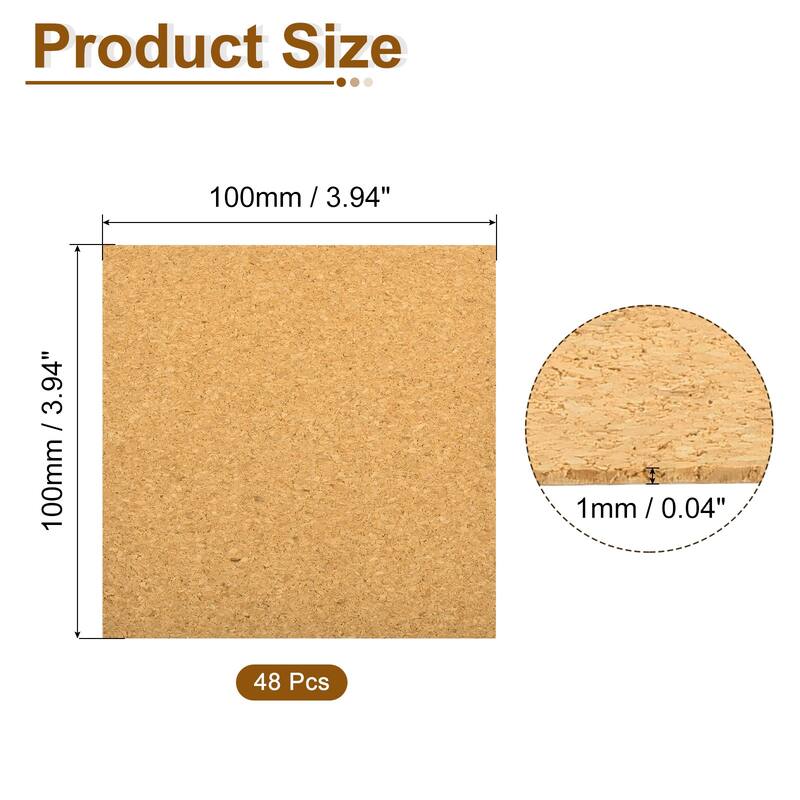 28Pcs Self Adhesive Cork for Coaster, Square Cork Tile - Brown - 48Pcs - 100mm Length, 1mm Thick
