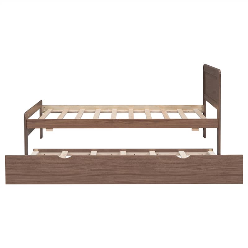 Modern Twin Size Wooden Platform Bed Frame with Trundle, Slats
