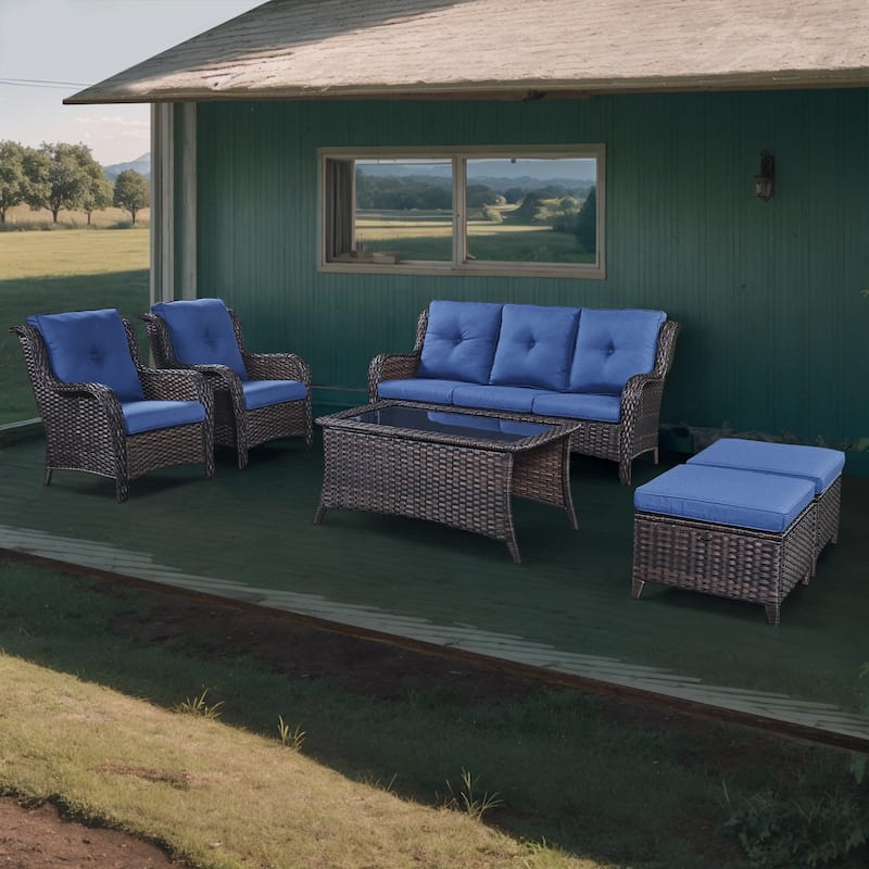 Gymojoy 6-Piece Patio Furniture Sofa Chair Ottoman - Brown - Blue