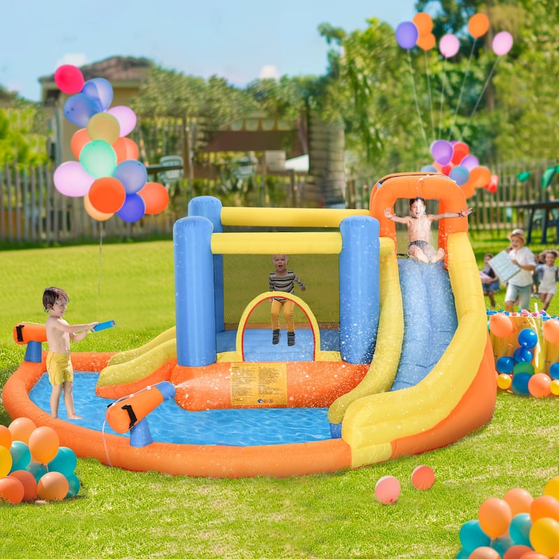 Outsunny 5-in-1 Kids Inflatable Bounce House Jumping Castle with Water Pool, Slide, Climbing Walls, & 2 Water Guns - Kids