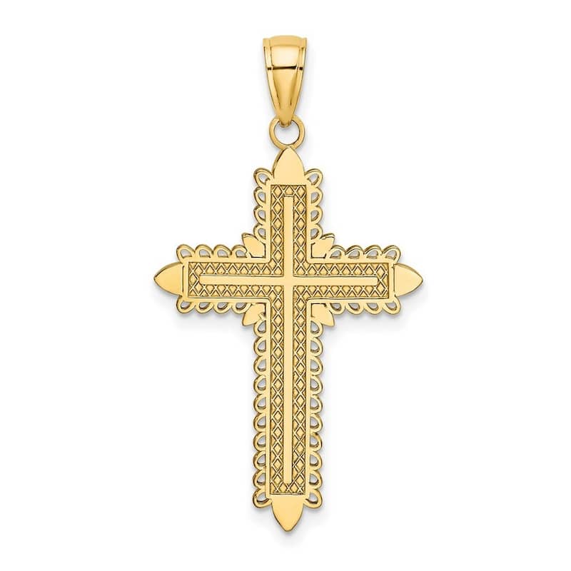 Curata 14k Yellow Gold Lace Border Textured Cross Necklace 18mm x 36mm