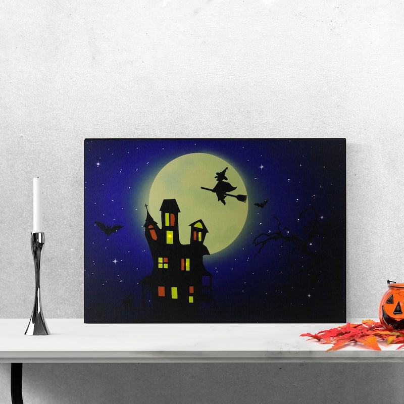 Fiber Optic LED Witch in the Moon Halloween Canvas Art 12" x 15.75"