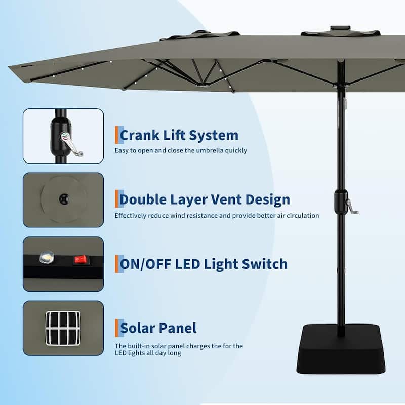 15FT Patio Umbrella with Solar Lights and Crank Handle,Base Included