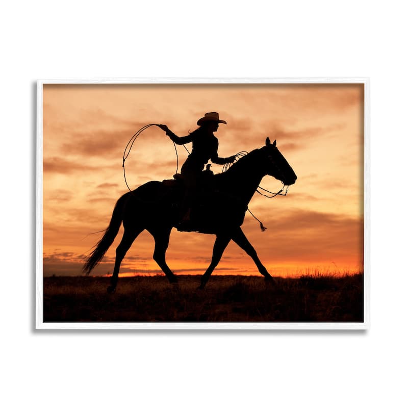Stupell Cowgirl Sunset Silhouette Southwestern Horse Field Landscape Framed Wall Art - 20 x 16 - White