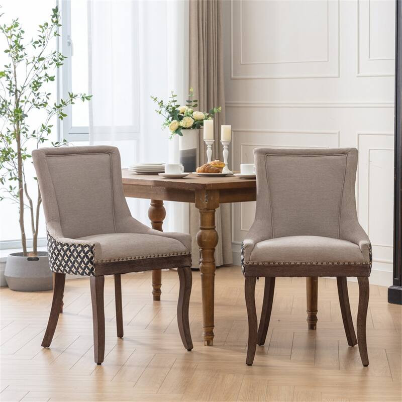 Set of 2 Patterned Upholstered Kitchen Dining Chairs with Wood Legs