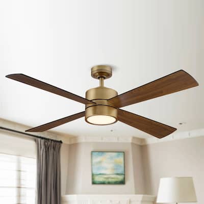 52" Wooden 4-Blade Brushed Brass LED Ceiling Fan with Remote