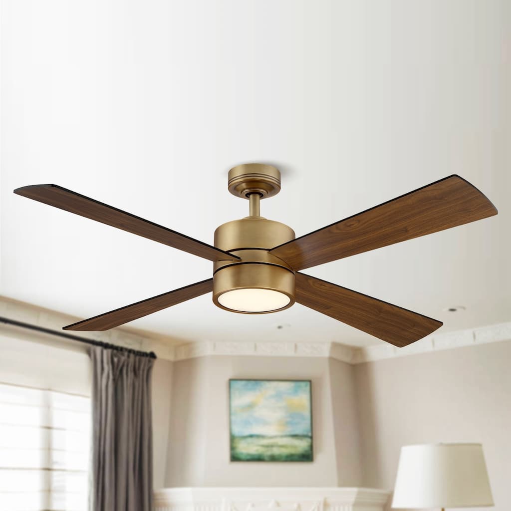 Parrot Uncle 52" Antique Brass Wood 4-Blade Indoor Ceiling Fan with Light and Remote