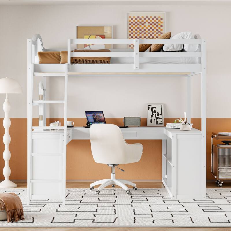 White Full Wooden Loft Bed with U-shaped Desk and Storage Compartments