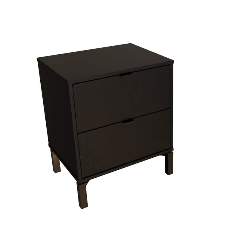 Modern 2-Drawer Nightstand with Eucalyptus Wood Top and Matte Finish for Bedroom Storage - Black