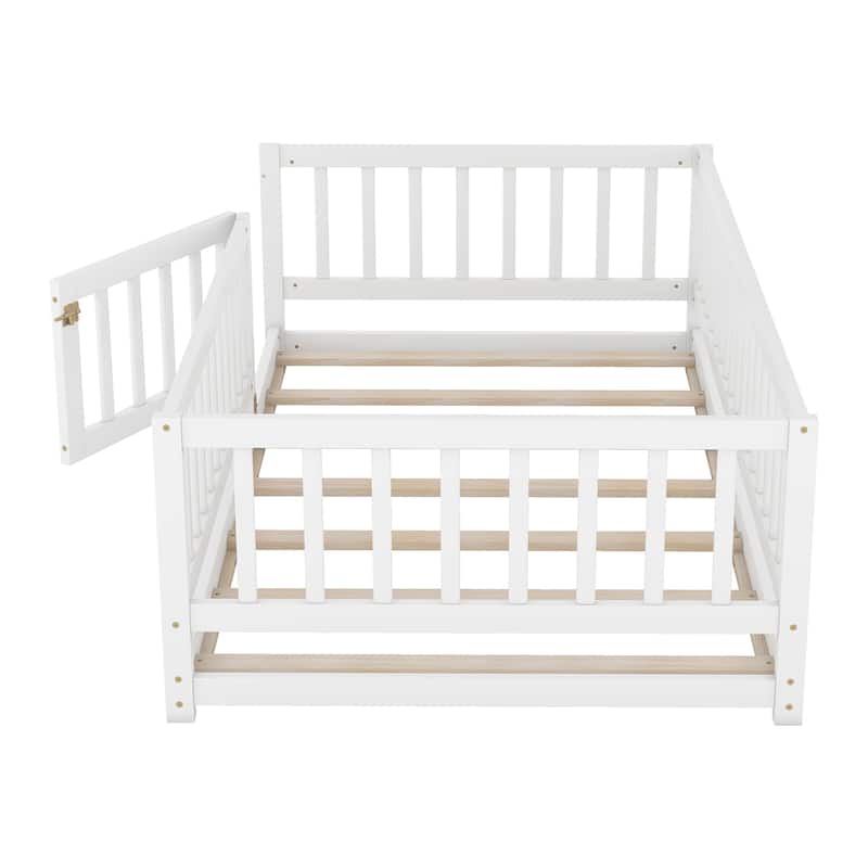 GDF Studio - Harrington Twin Montessori Floor Bed with Slats, Fence, and Door