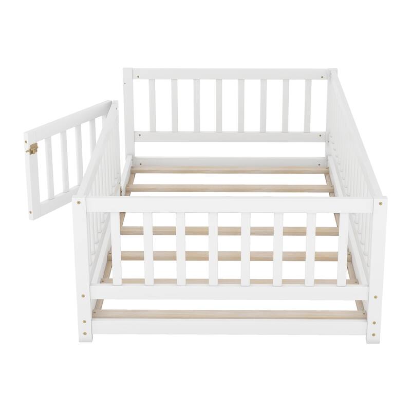 GDF Studio - Maeve Montessori Wooden Floor Bed with Fence, Door, and Slatted Support