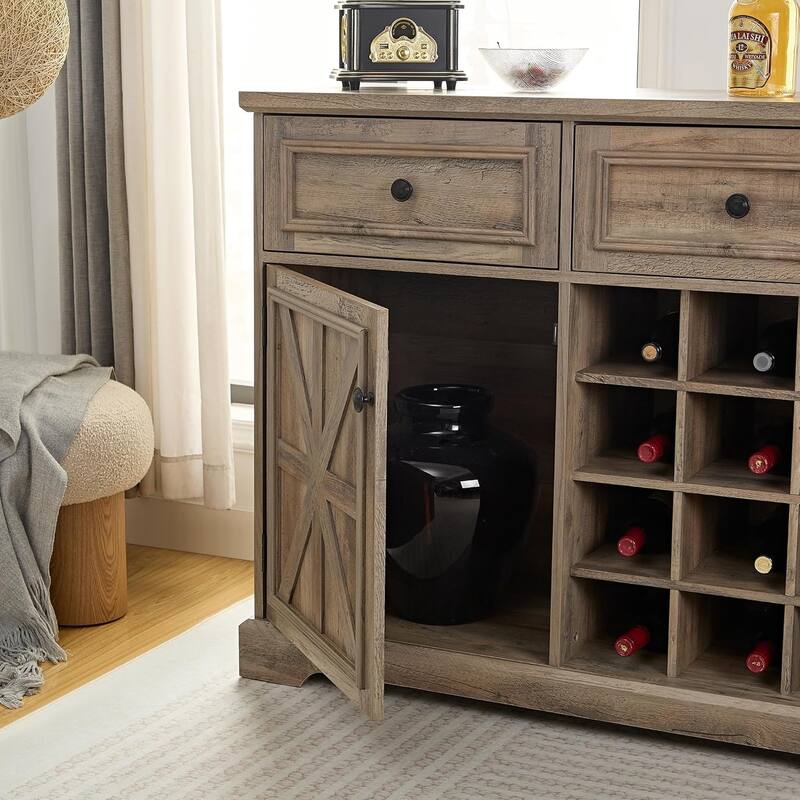 Roomfitters Farmhouse Buffet Cabinet with Storage Sideboard with 2 Drawers, Wine Bar Cabinet with Removable Wine Racks Storage