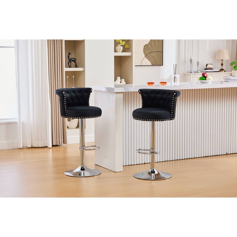 Velvet Bar Stool Set of 2, Adjustable Swivel Bar Stools with Silver Plated Metal Leg, Counter Height Chair