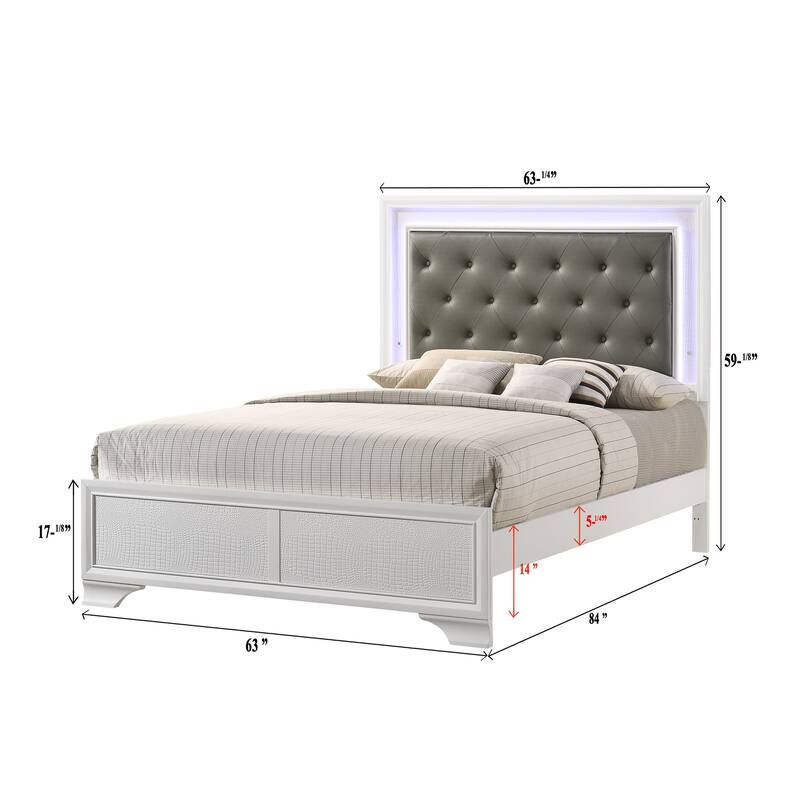 Queen Size LED Panel Bed with White Crocodile Finish and Upholstered Headboard