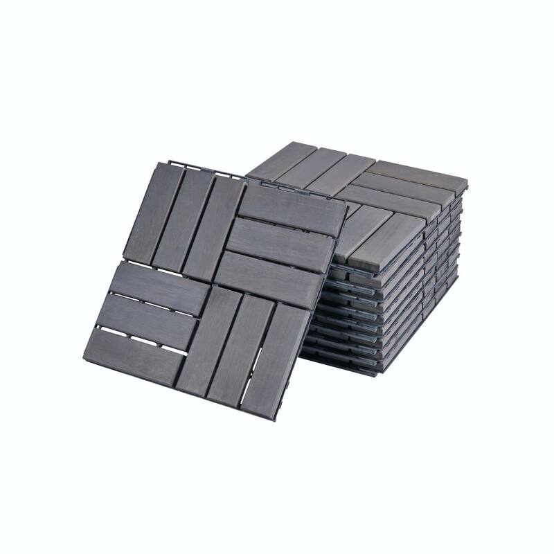 10 PCS Interlocking Deck Tiles Checker Pattern, 12" x 12" Light Gray Square Acacia Hardwood Outdoor Flooring