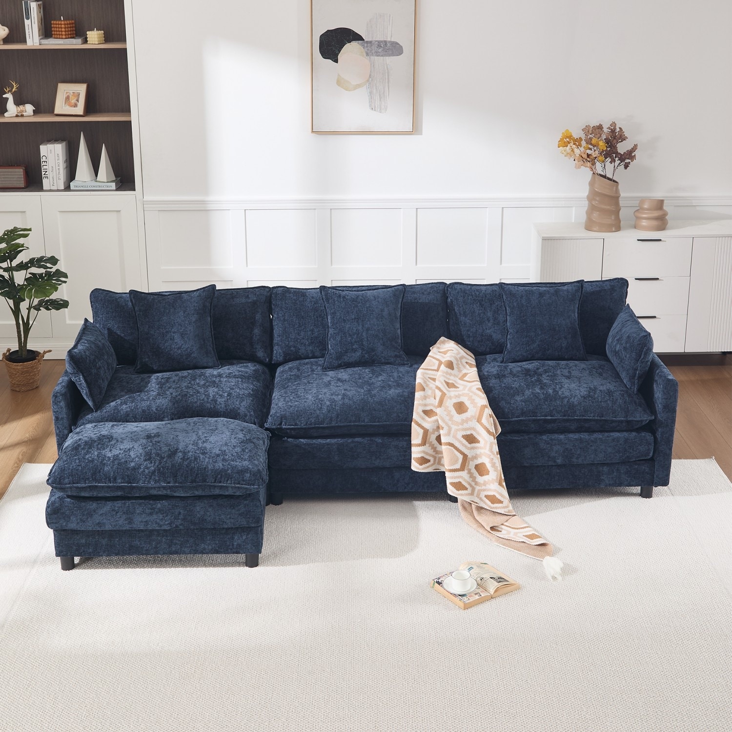 107.5" L-Shaped Chenille Sectional Sofa with Ottoman and Pillows