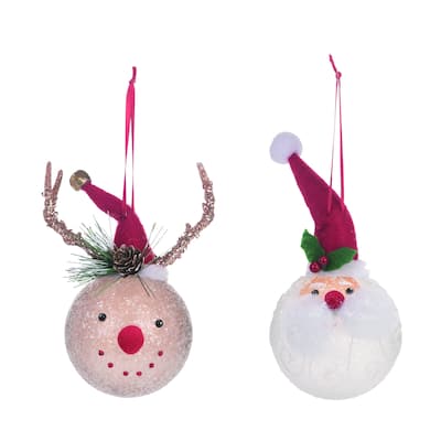 Transpac Glass Santa/Reindeer Head Ornament Set of 2 Christmas Home Decorations - Multicolor