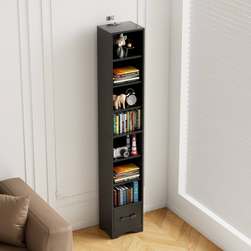 Javlergo Tall 7-Tier Adjustable Corner Bookcase with Drawer MDF Storage Shelf for Living Room Bedroom Kitchen and Entryway - Black