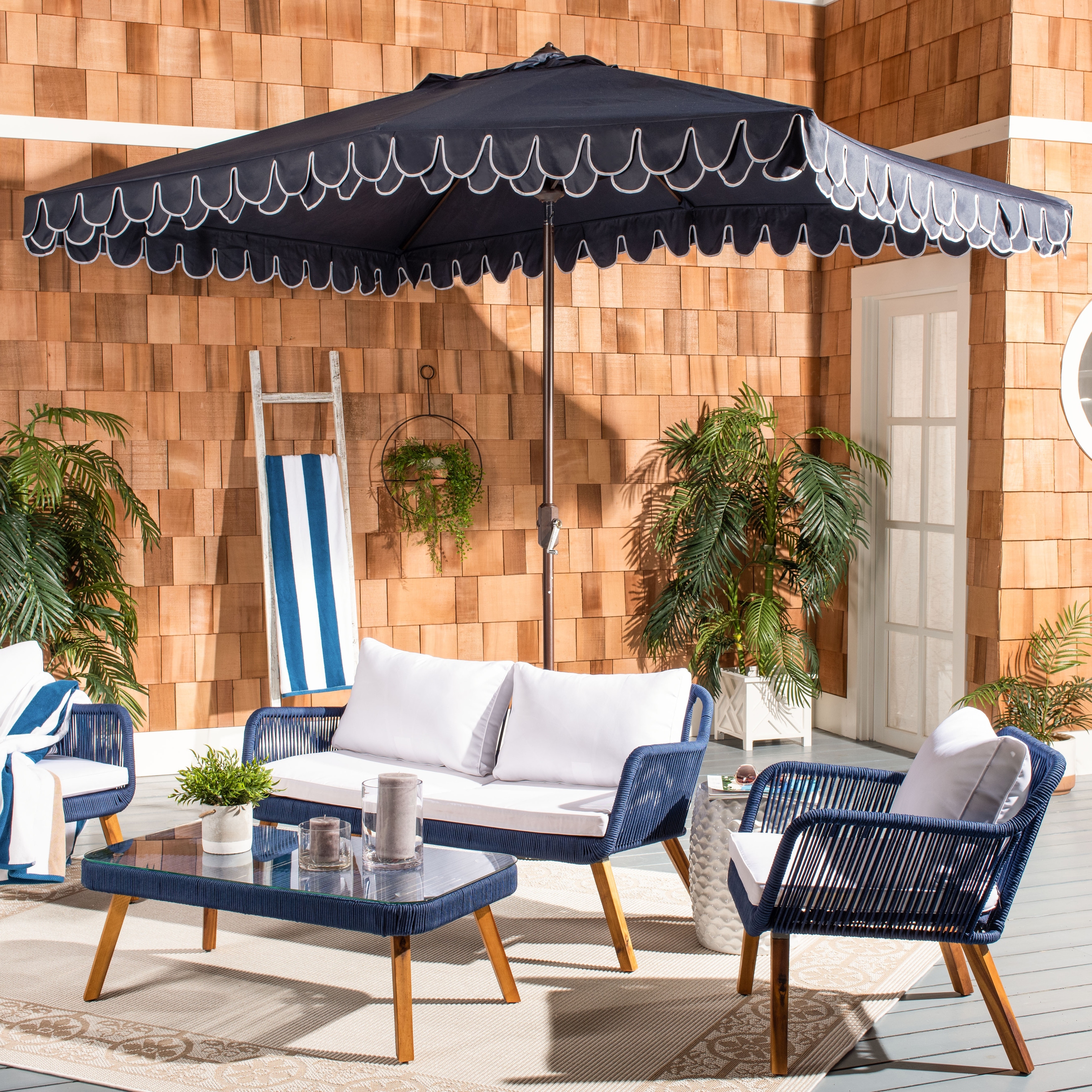 fiberbuilt wind resistant patio umbrella Umbrellas with Push-Button Tilt, 7.5 Foot Navy Canopy and Champagne Bronze Pole black-pet Color:Summit Gold/Tnf Black table and freestanding AIROH Executive Color White