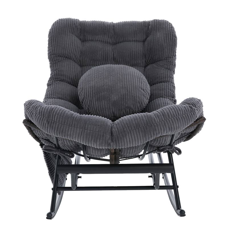 HOMEFUN Corduroy Upholstered Egg Shaped Design Steel Frame Rocking Chair with Side Pocket and Foot Pedal
