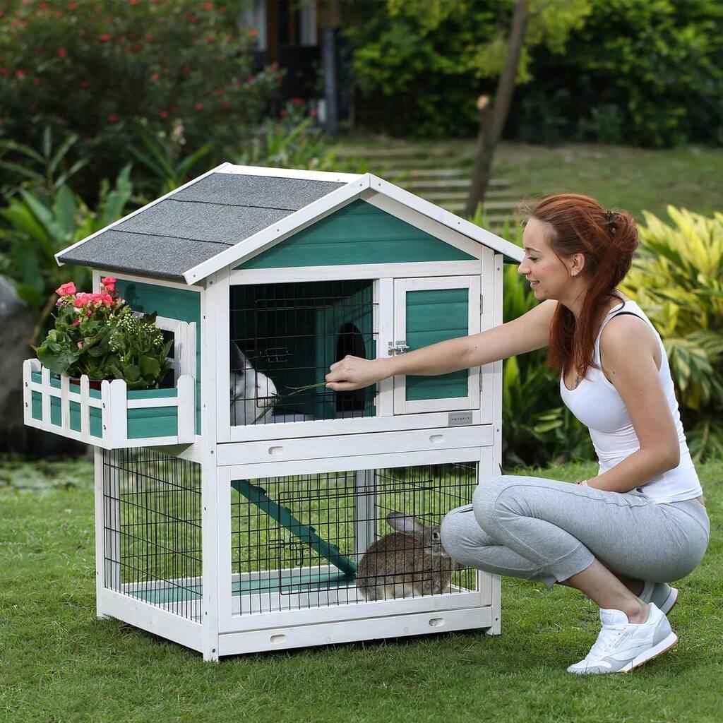 Green 2-Story Wooden Pet Hutch with Pull-Out Tray and Waterproof Roof