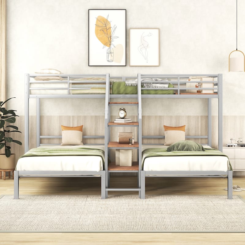 Metal Twin over Twin & Twin Bunk Bed with Storage Shelves Staircase, Triple Bunk Bed Frame, No Box Spring Needed for Kids
