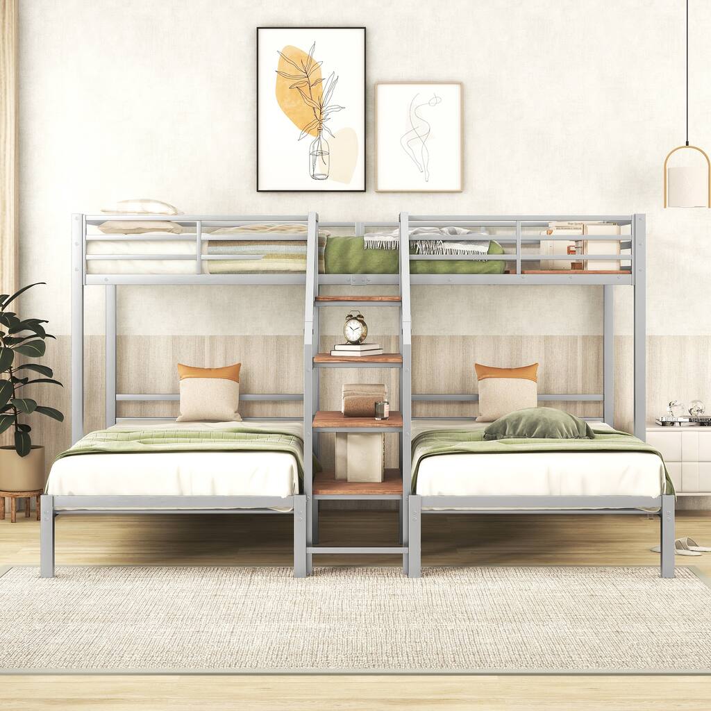 Triple Twin Bunk Bed with Storage Shelves and Staircase, Space-Saving Metal Frame