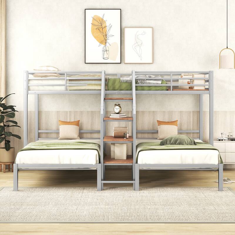 Twin over Twin & Twin Size Bunk Bed for 3 Kids, Metal Triple Bunk Bedframe with Storage Shelves Staircase, No Box Spring Needed - Silver - Twin