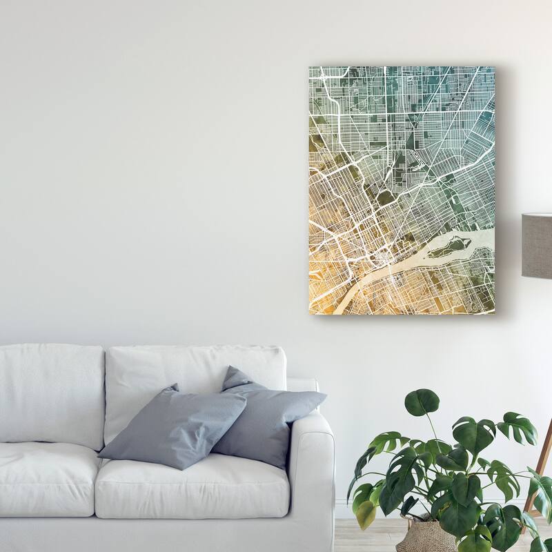 Michael Tompsett 'Detroit Michigan City Map Teal Orange' Canvas Art
