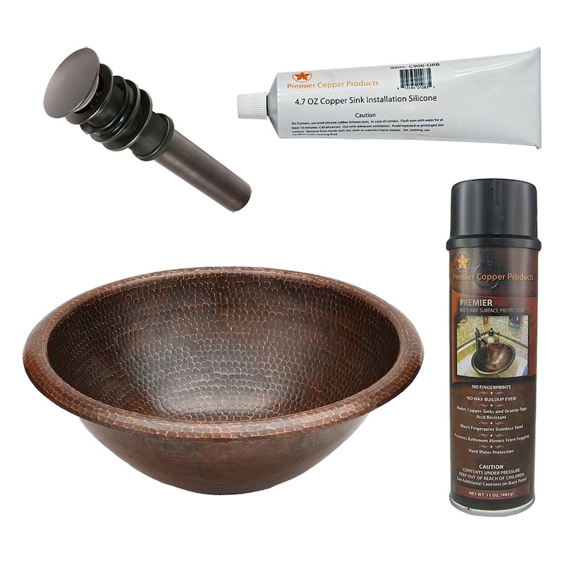 17" Round Self Rimming Hammered Copper Bathroom Sink, Matching Drain and Accessories