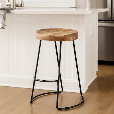 Ela 30 Inch Mango Wood Bar Stool, Saddle Seat, Iron Frame Brown and Black