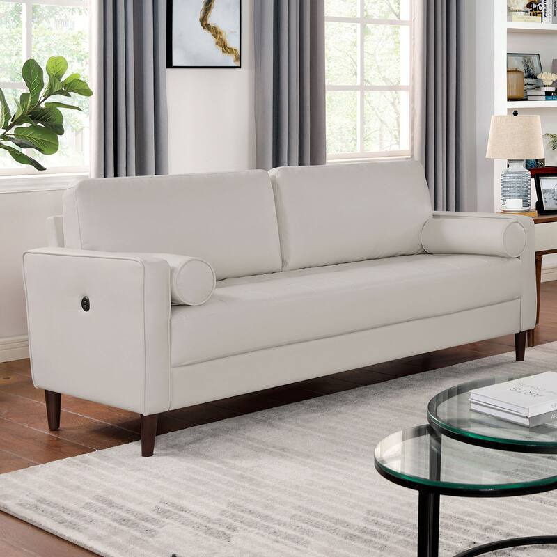 Contemporary Style Off-White 1Pc Sofa Leatherette Upholstered W Usb Bench Style Seating Bolster Pillows