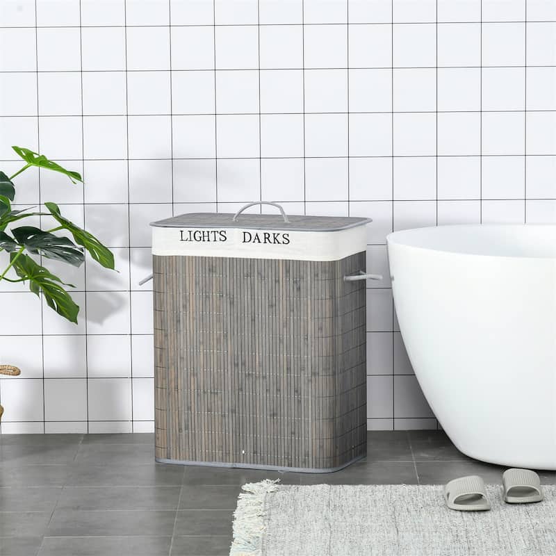 Gray Bamboo Laundry Basket with Dual Compartments Removable Washable Liner 26 Gallon Large Capacity