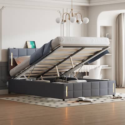 Queen Size Upholstered Platform Bed with Hydraulic Storage System and LED Light