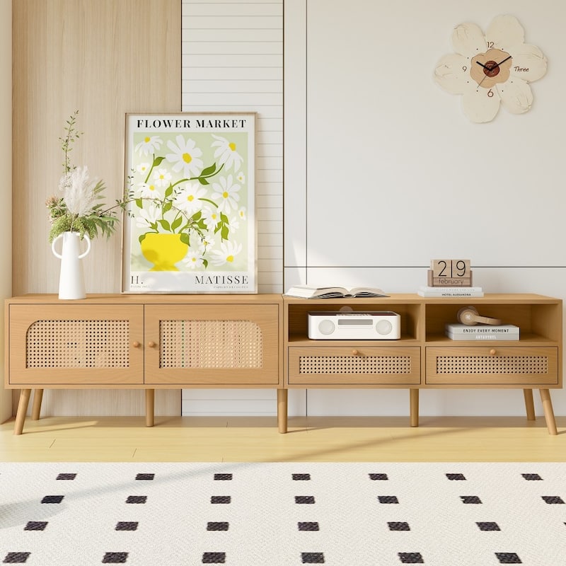 Farmhouse Boho TV Stand for TVs up to 85'' with Solid Wood Legs - Natural 
