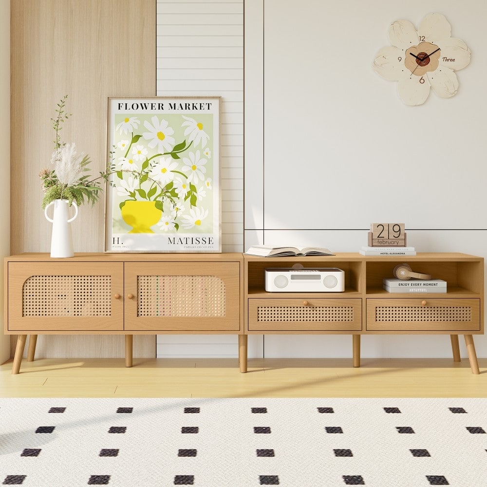 Farmhouse Boho TV Stand for TVs up to 85'' with Solid Wood Legs