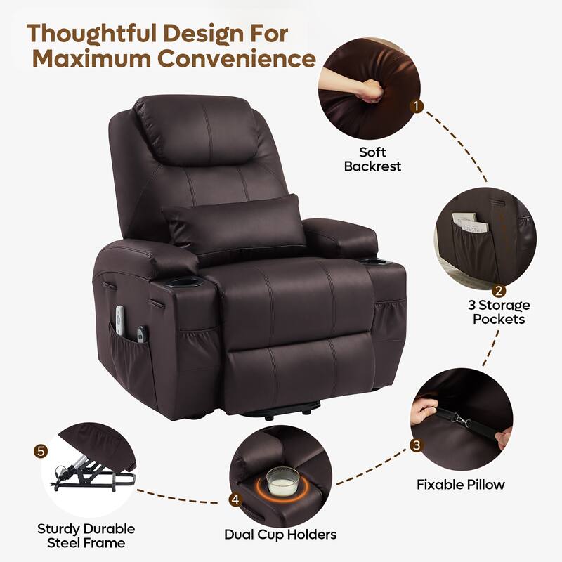 Bestier 34.6" Electric Power Lift Asist Recliner Chair with Massage and Heat,Fax Leather Reclining Chair with Side Pockets
