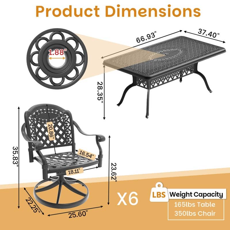 7-Piece Aluminum Rectangular Outdoor Patio Dining Set, 6 Cushioned Swivel Chairs, Table, All-Weather Frames