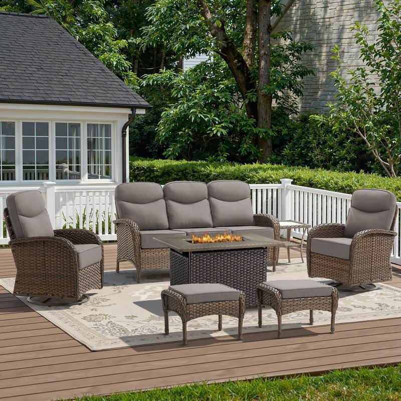 Luna 7-Piece Wicker Outdoor Patio Fire Pit Sofa Set with 6-Inch Thick Cushions