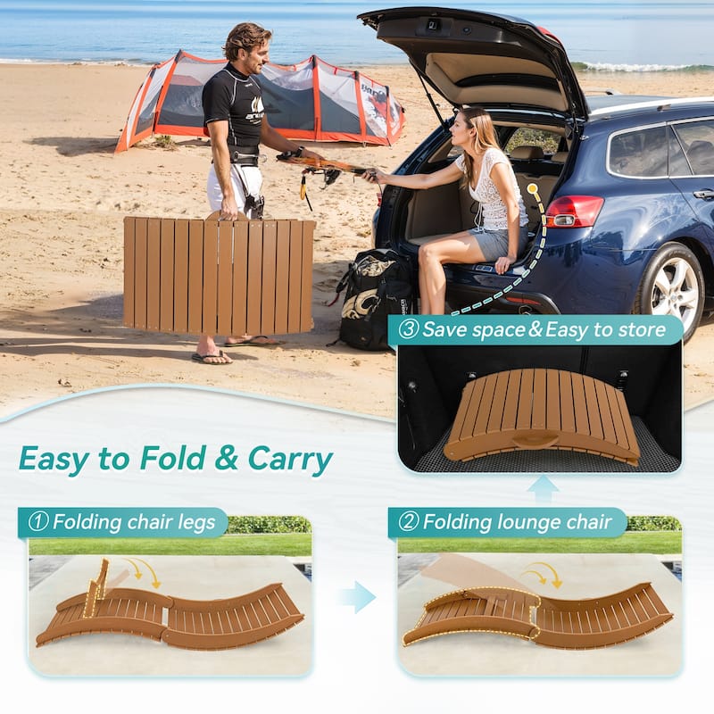 2-Piece Folding HDPS Plastic Outdoor Pool Chaise Lounges with Headrest Cushion