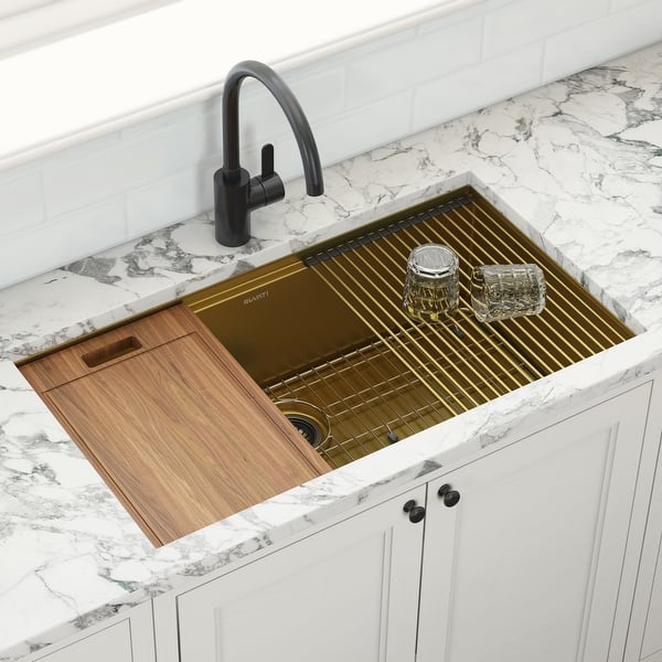 slide 1 of 15, Ruvati 33 inch Polished Brass Matte Gold Workstation Undermount Kitchen Sink Single Bowl - - 33" x 19"