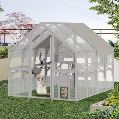 Moasis 110" Outdoor Large Cat Catio Enclosure Wooden House with Bridges, Walks, Small Houses, Roof Cover